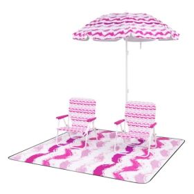 4-Piece Beach Set With 6.2ft Sun-Proof Umbrella, 2 Folding Chairs & 80 X 80 Waterproof Blanket-Pink (Option: Defaulttitle)